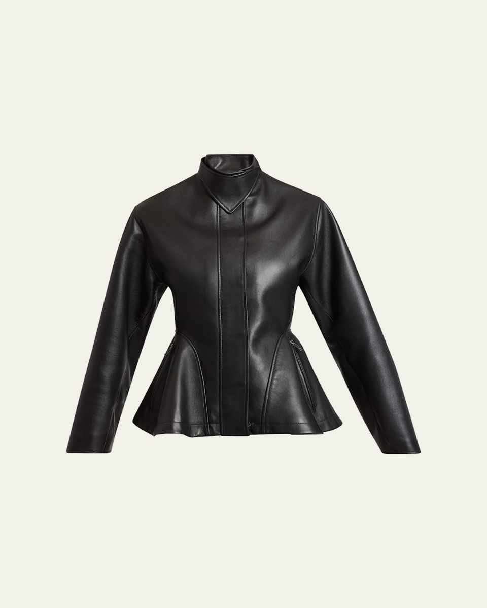 High-Neck Leather Peplum Jacket